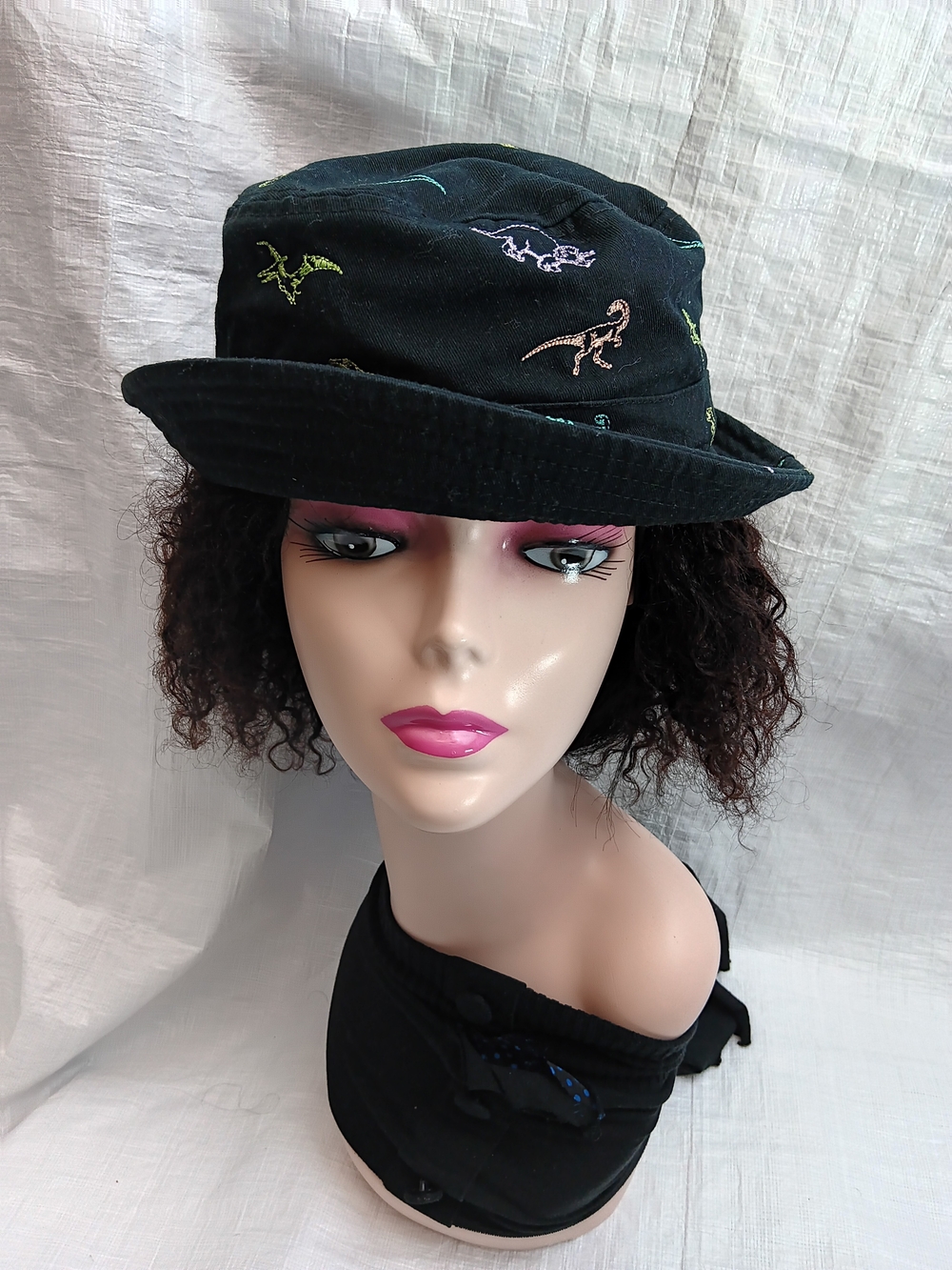 Black Embroidered Dinosaur Bucket Hat - Women's Fashion Hat